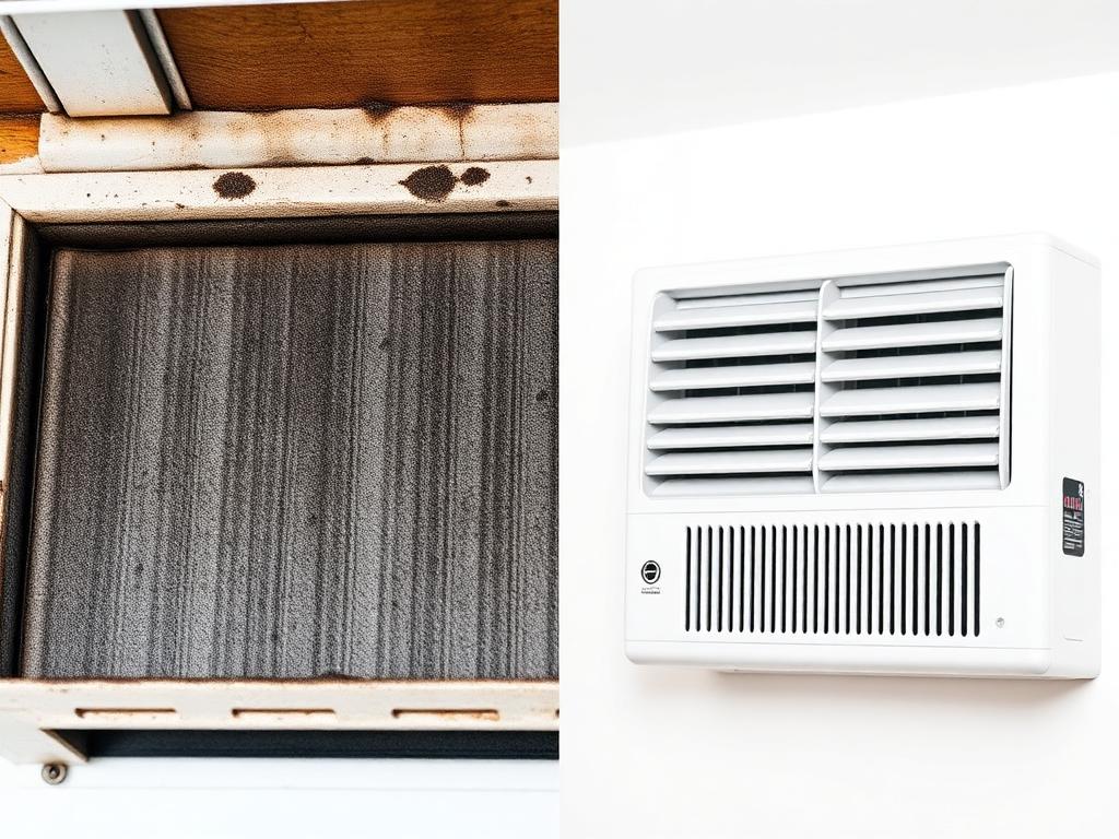Perbandingan filter AC indoor sebelum penuh debu dan sesudah dibersihkan